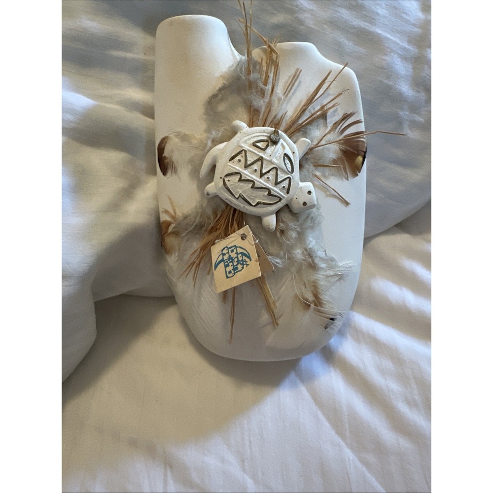 Vintage Adobe Moon White Ceramic Wedding Vase Double Spout Native Turtle Feather